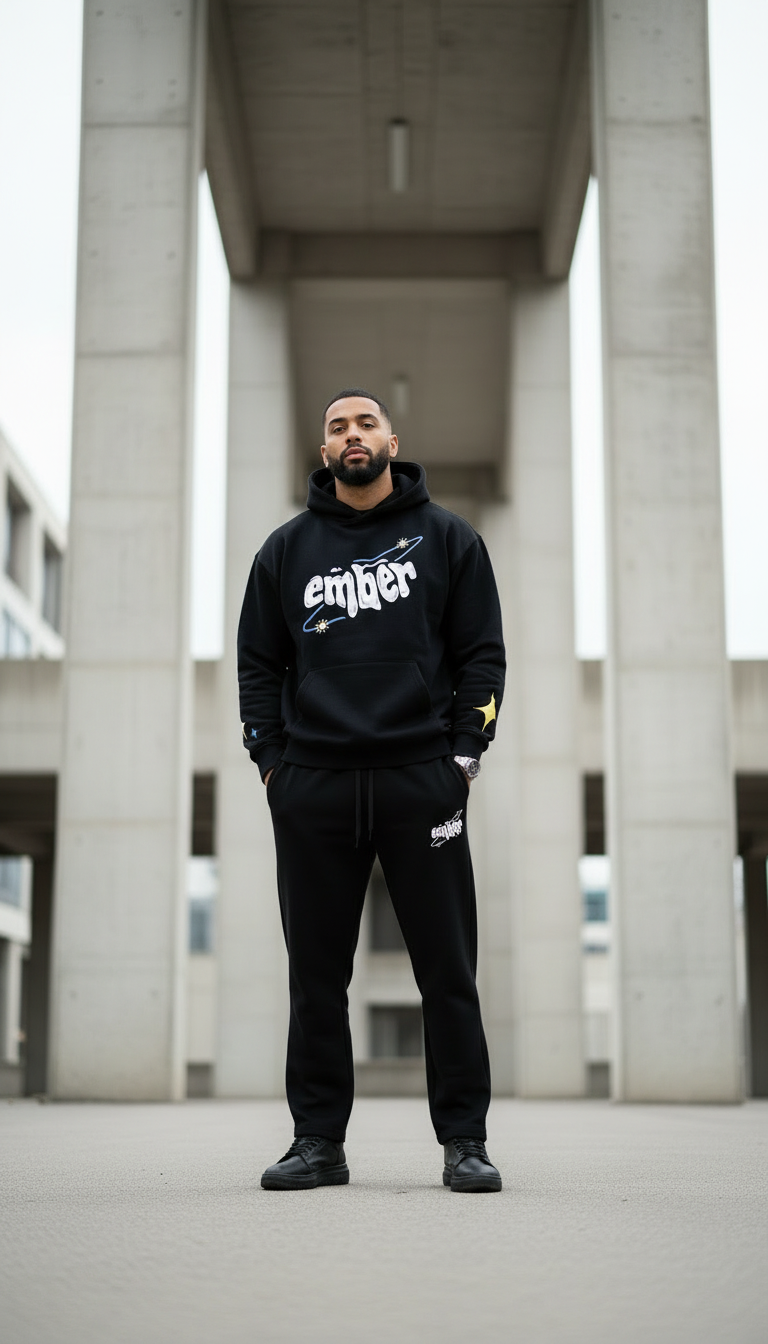 Man wearing a black hoodie with 'embar' logo standing in an urban setting.